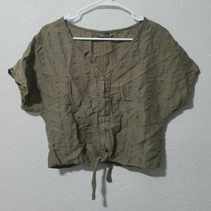 Prana Summer Fun Tie Waist Top Size M Olive Green V Neck Button Closure
